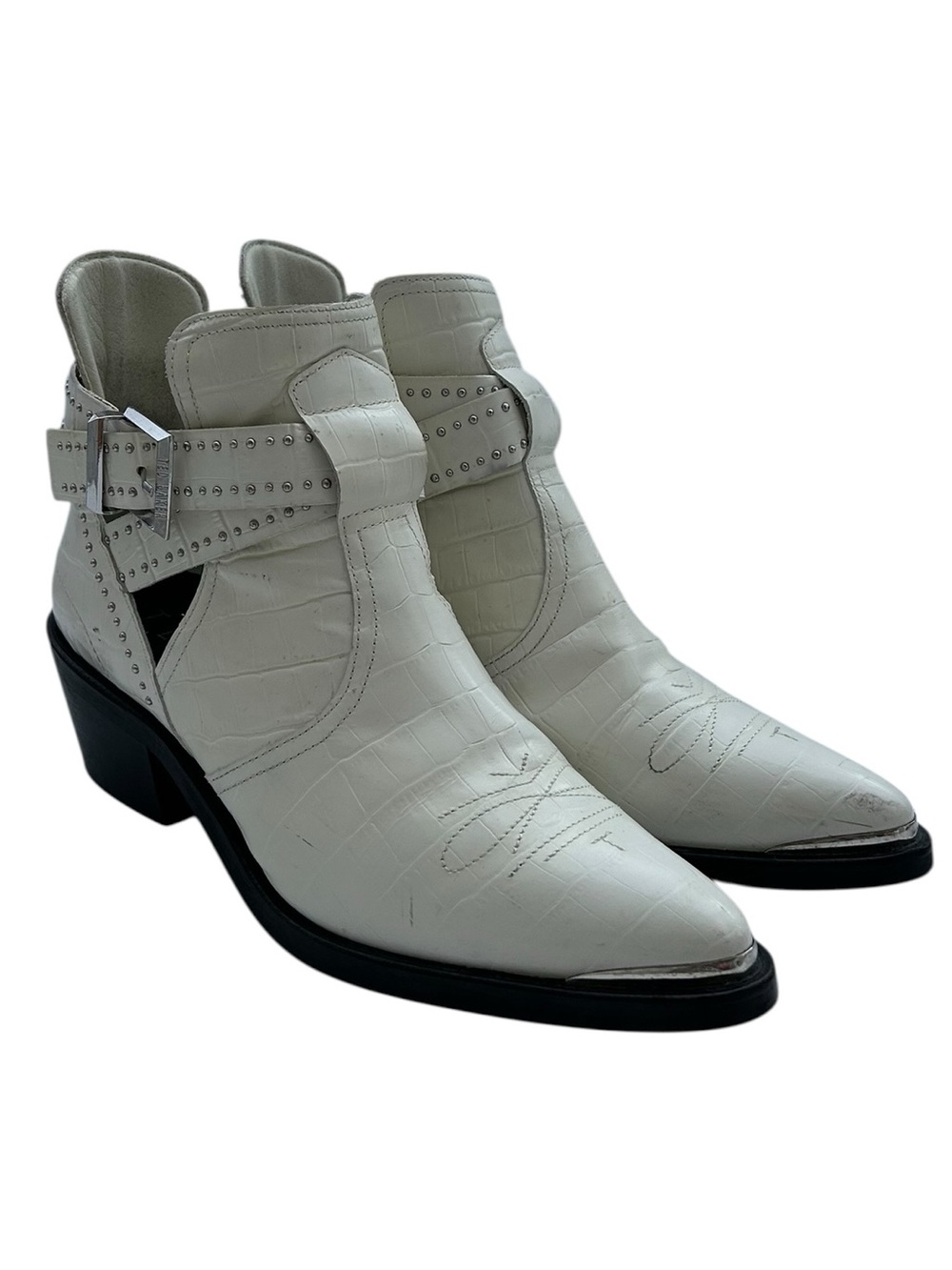 Ted Baker White Croc-Embossed Western Ankle Boots with Studded Strap